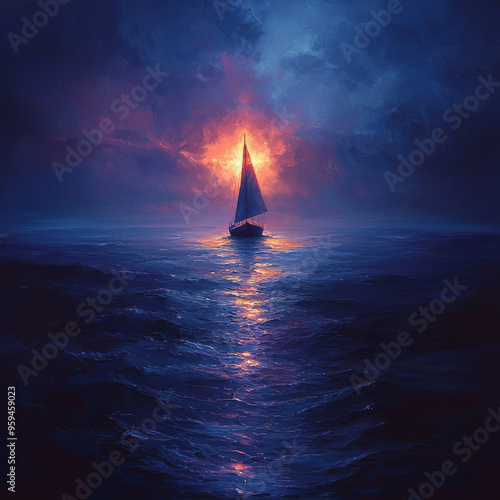 A sailboat glides through the deep blue water, silhouetted against a fiery sunset.