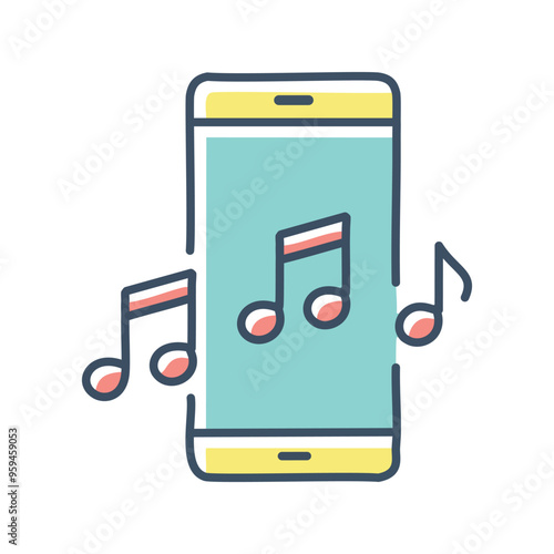 Mobile music. Smartphone with musical notes on the screen, symbolizing listening to music.