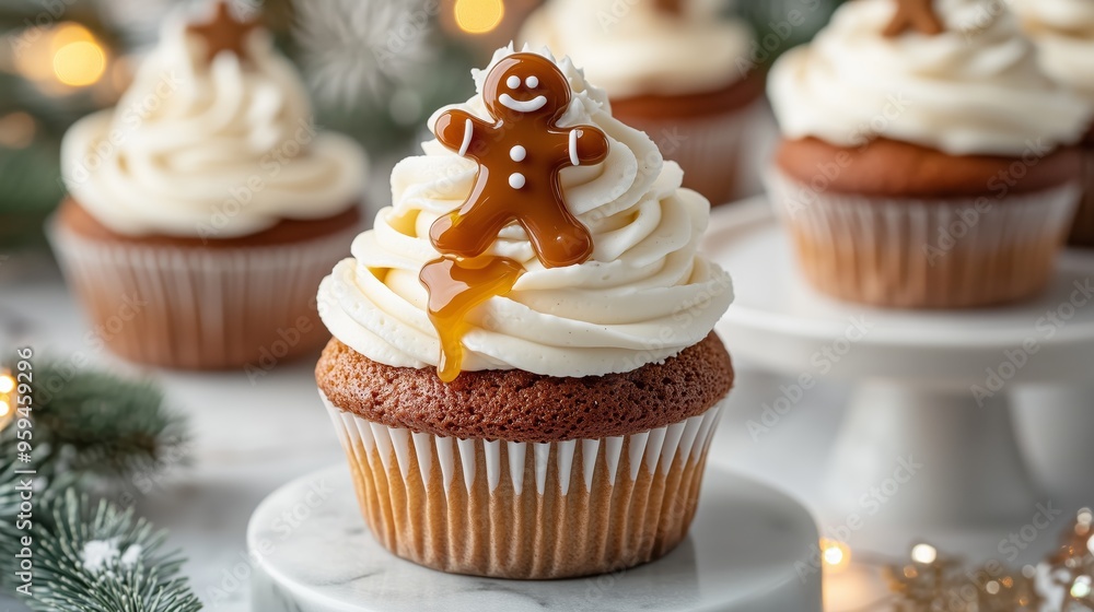 A close-up of cupcakes with caramel flavor cream white frosting and gingerbread man decorations, on an elegant cake stand, surrounded by small green Christmas tree branches and sprinkles. A close-up of cupcakes with caramel flavor cream white frosting and gingerbread man decorations, on an elegant cake stand, surrounded by small green Christmas tree branches and sprinkles.