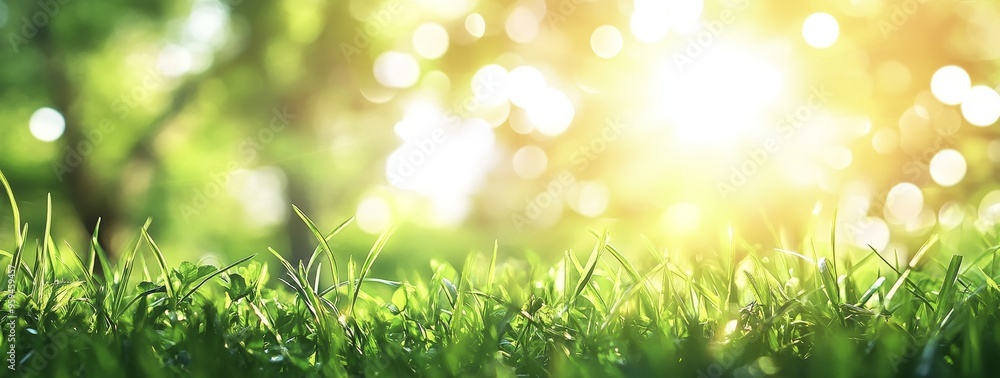 Obraz premium Closeup of green grass blades with a blurred sunny background.