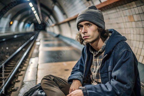 Young man sitting on train tracks.