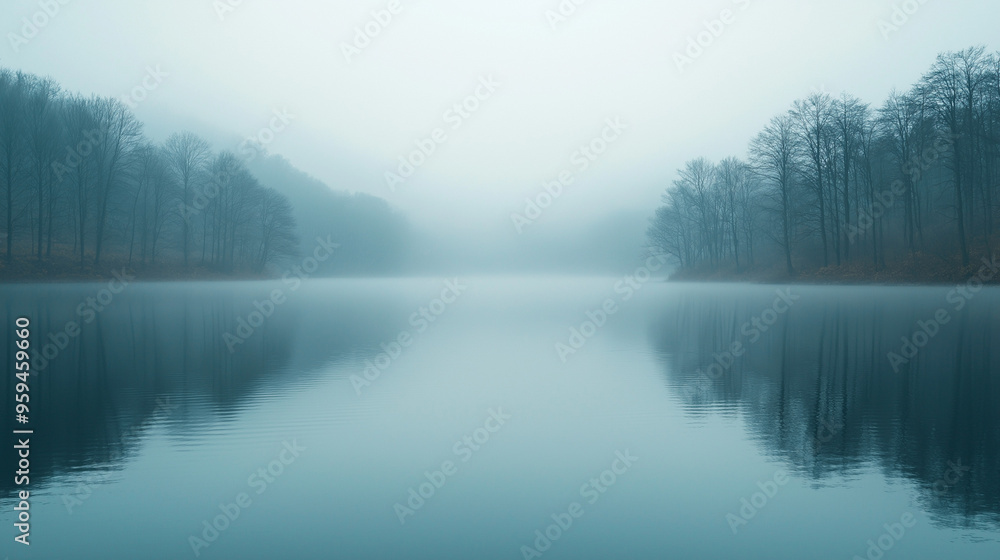 Drifting fog over a still lake at dawn, foggy weather, calm and ethereal Drifting fog over a still lake at dawn, foggy weather, calm and ethereal