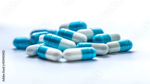 Medication Concept: Assorted Blue and White Pills on Table, Ideal for Pharmaceutical Marketing and Education