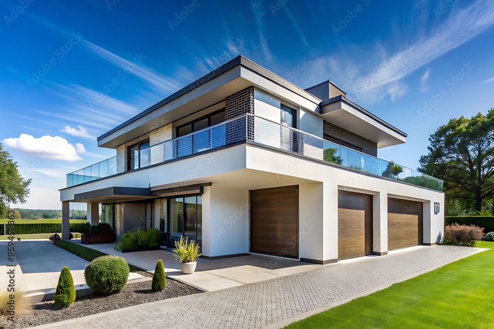 Modern House with Glass Balcony and Garage Doors. Modern House with Glass Balcony and Garage Doors.
