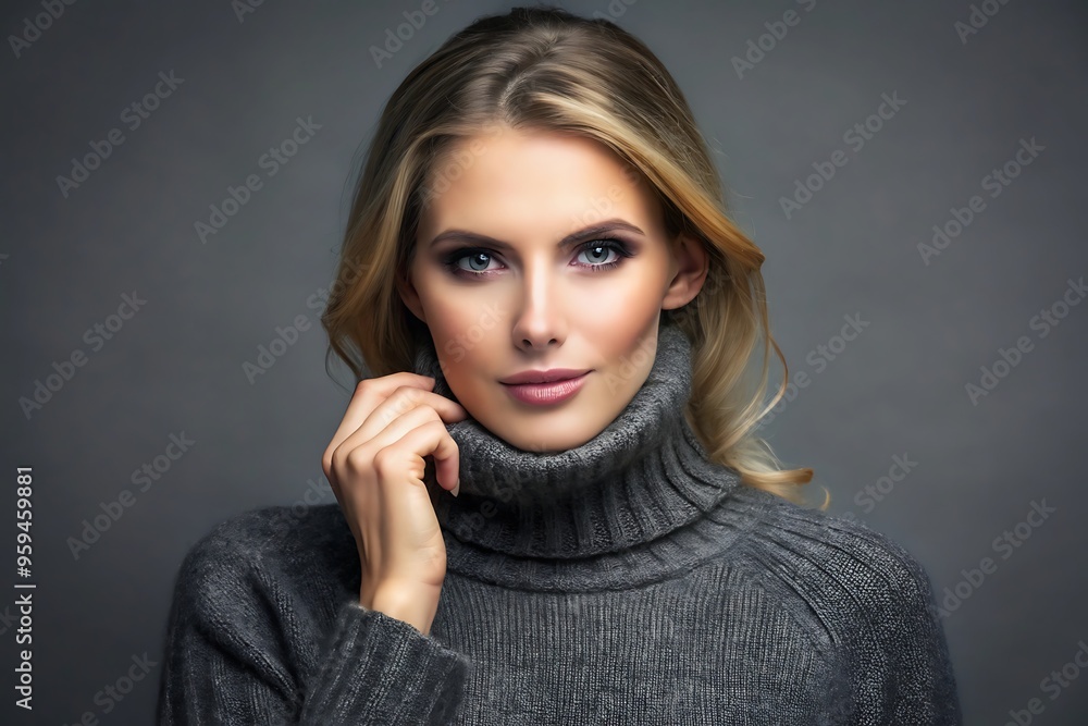 Portrait of a beautiful woman with blonde hair wearing a grey turtleneck sweater. Portrait of a beautiful woman with blonde hair wearing a grey turtleneck sweater.