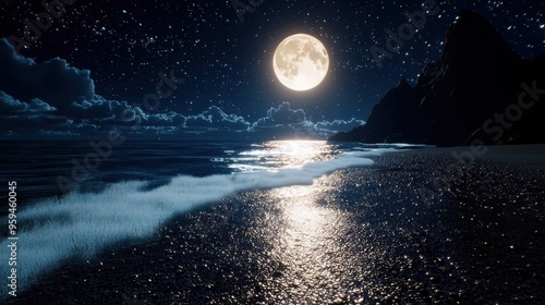 Full Moon Over Ocean Waves With Starry Sky and Mountain Silhouette photo