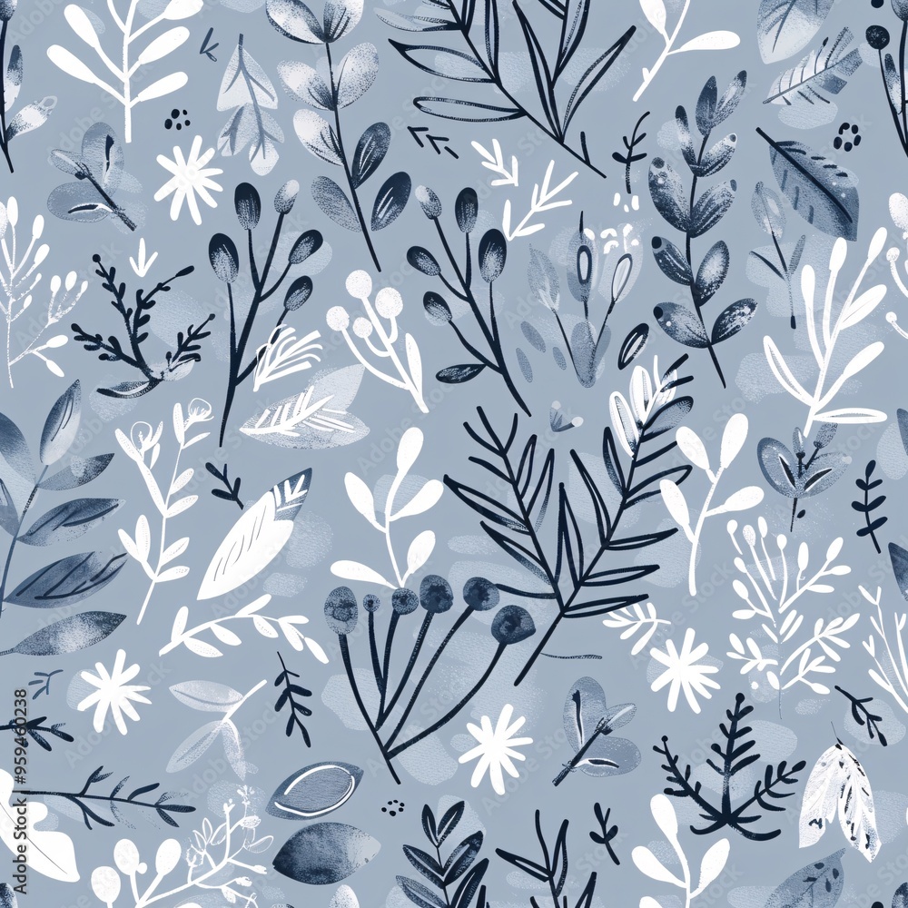 07250736 03. A charming and whimsical seamless pattern of doodle botanicals in a winter-inspired color scheme of pale dusty blue and white 07250736 03. A charming and whimsical seamless pattern of doodle botanicals in a winter-inspired color scheme of pale dusty blue and white