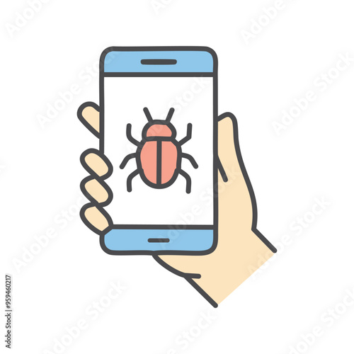 Phone bug icon. Hand holding a smartphone with a bug icon on the screen, symbolizing cyber security threats and vulnerabilities.