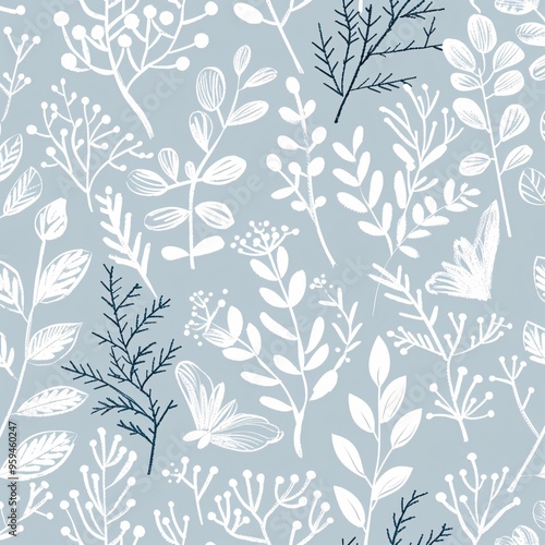 Wallpaper Mural 07250736 03. A charming and whimsical seamless pattern of doodle botanicals in a winter-inspired color scheme of pale dusty blue and white Torontodigital.ca