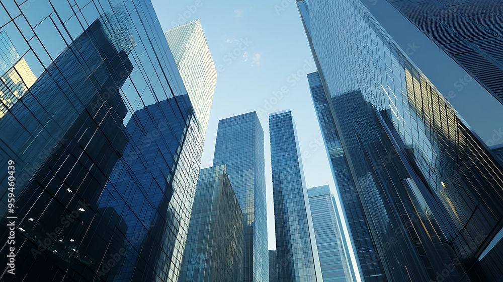 Fototapeta premium Upward View of Glass Skyscrapers in Modern City 