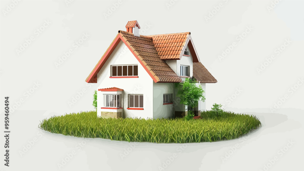 3D Rendered House with Green Grass and Brown Roof 3D Rendered House with Green Grass and Brown Roof