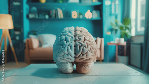 3D Rendered Brain Sculpture on Table