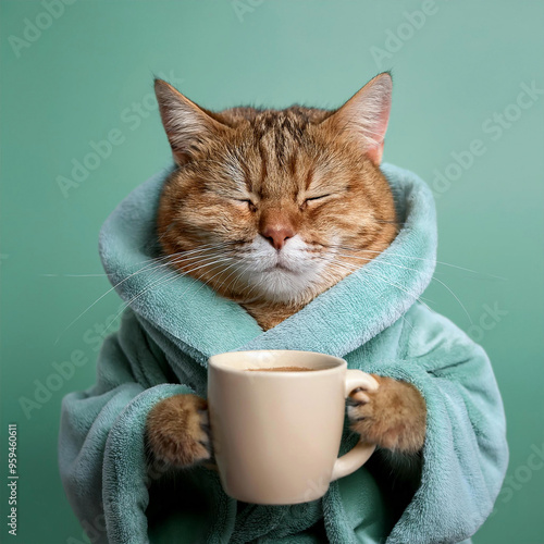A sleepy cat wearing a gown and drinking coffee