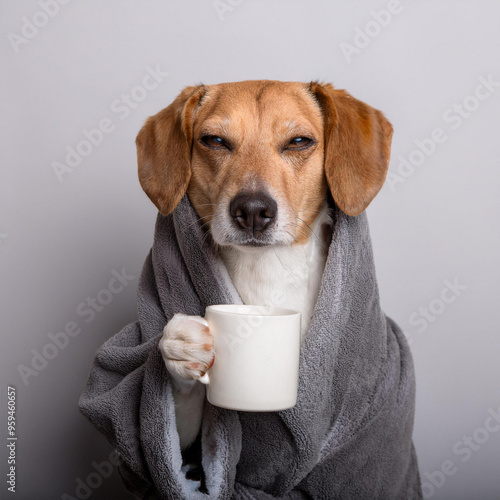 A sleepy dog wearing a gown and drinking coffee