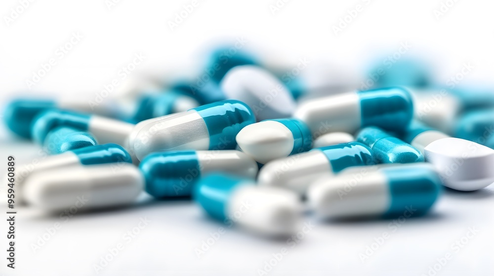 Medication Concept: Assorted Blue and White Pills on Table, Ideal for Pharmaceutical Marketing and Education Medication Concept: Assorted Blue and White Pills on Table, Ideal for Pharmaceutical Marketing and Education
