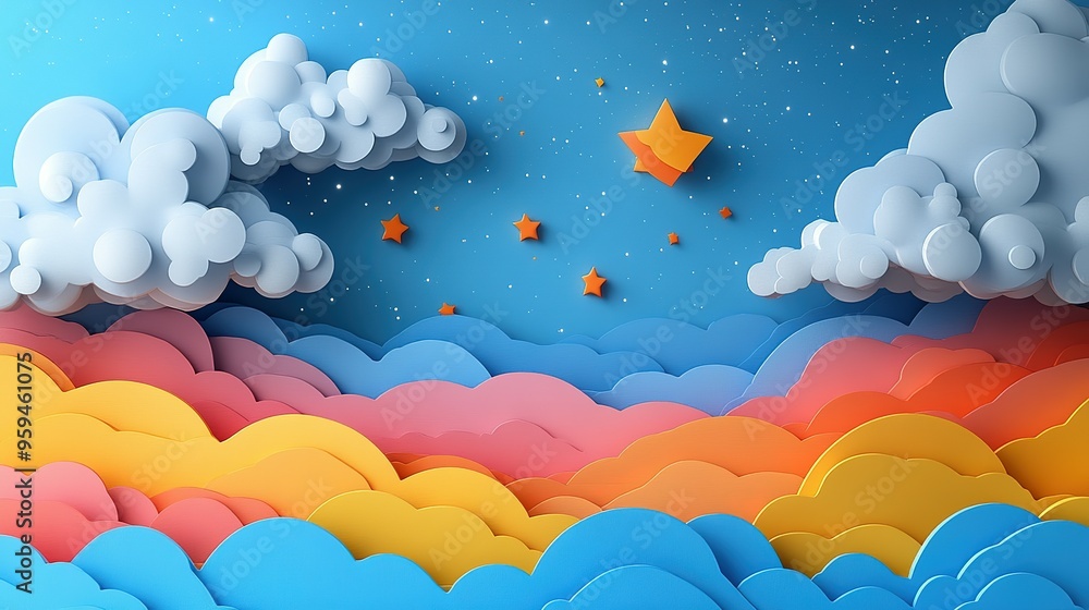 Paper Cutout Clouds and Stars in a Blue Sky with Rainbow-Colored Hills Paper Cutout Clouds and Stars in a Blue Sky with Rainbow-Colored Hills