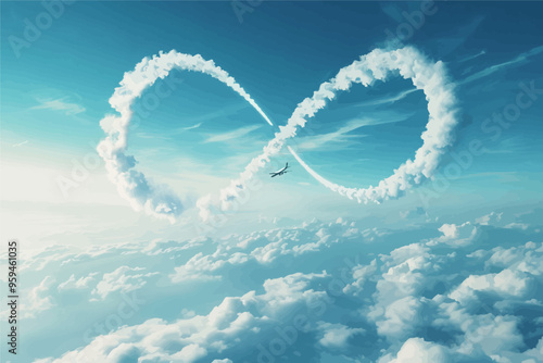 Airplane contrails forming a heart shape against a blue sky backdrop with clouds