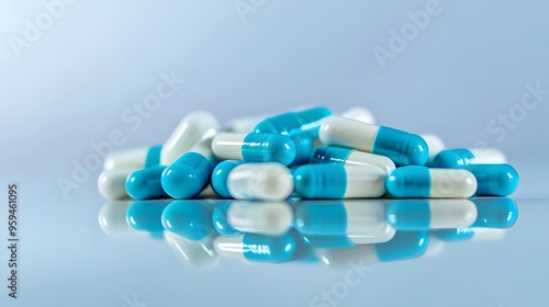 Medication Concept: Assorted Blue and White Pills on Table, Ideal for Pharmaceutical Marketing and Education