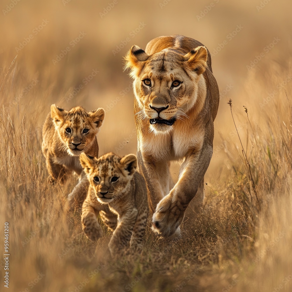 A lioness and two playful cubs roam freely across the golden grassland, embodying the beauty of wildlife in its natural habitat. A lioness and two playful cubs roam freely across the golden grassland, embodying the beauty of wildlife in its natural habitat.