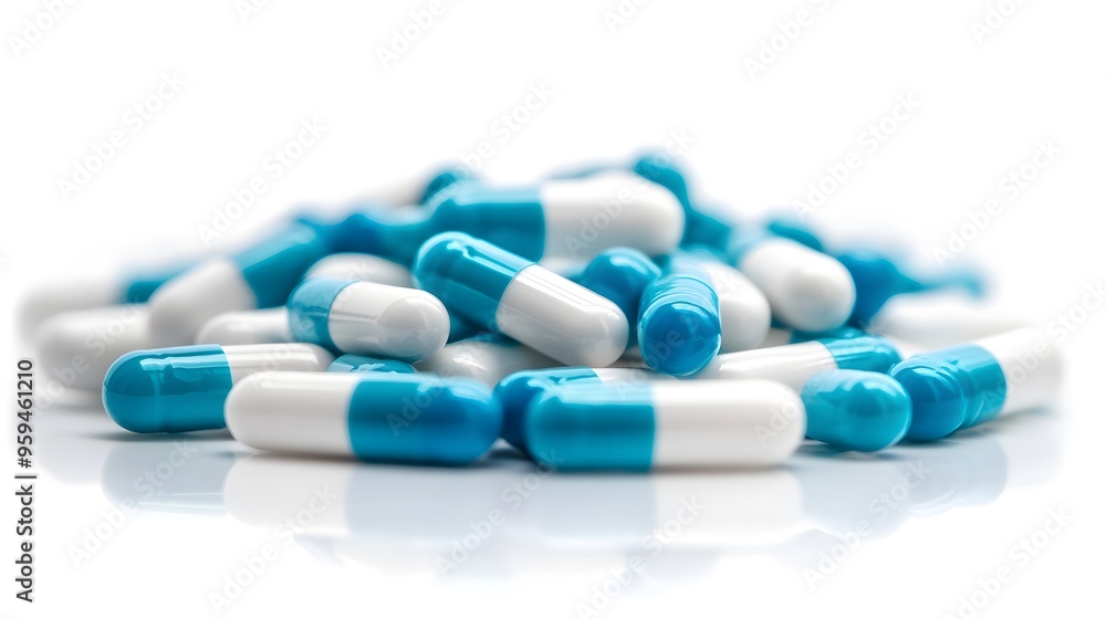Medication Concept: Assorted Blue and White Pills on Table, Ideal for Pharmaceutical Marketing and Education Medication Concept: Assorted Blue and White Pills on Table, Ideal for Pharmaceutical Marketing and Education