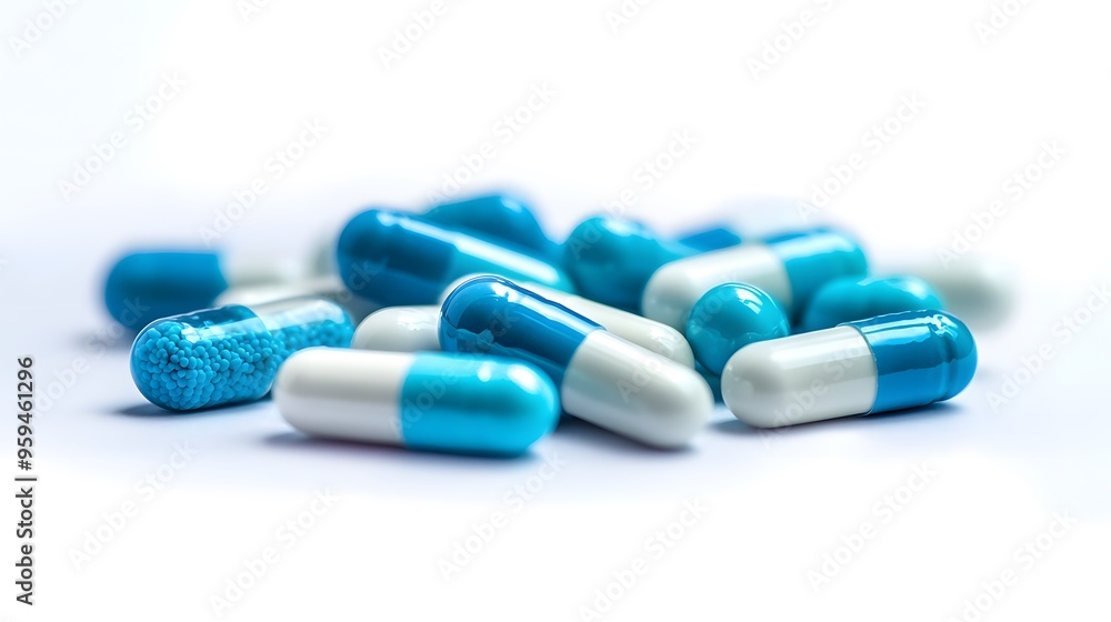 Medication Concept: Assorted Blue and White Pills on Table, Ideal for Pharmaceutical Marketing and Education Medication Concept: Assorted Blue and White Pills on Table, Ideal for Pharmaceutical Marketing and Education