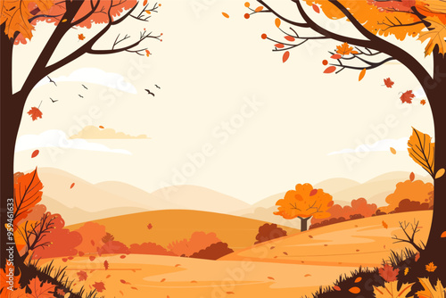 Autumnal Scenery with Orange Trees and Leaves