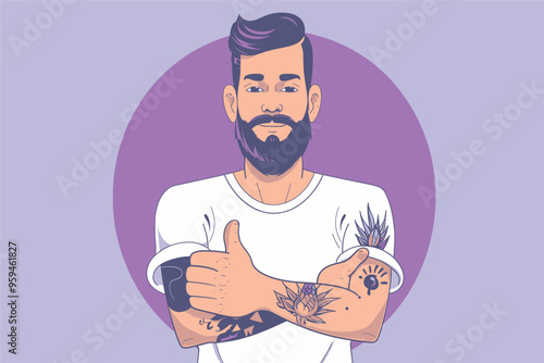 Bearded Man with Tattoos and Thumbs Up