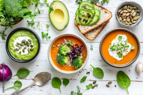 A flat lay of three bowls of soup, one green, one orange, and one with broccoli and quinoa, along with ingredients such as avocado, spinach, pumpkin seeds, and red onion on a white wooden background.