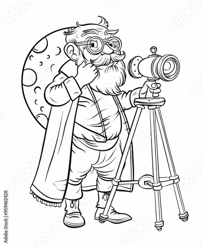Cartoon Character with Camera and Telescope, Standing in Front of Moon Illustration