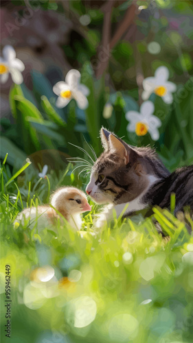 Cat and duckling in a garden setting