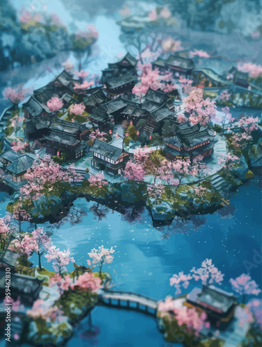 Cherry Blossom Island: A Serene Japanese Village Scene
