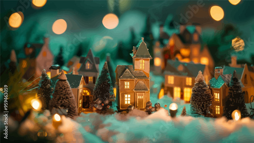 Christmas Village Scene with Lights and Snow