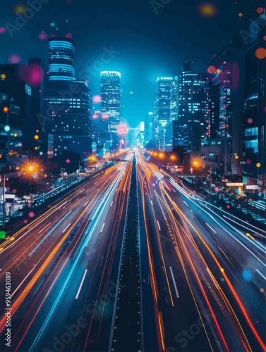 Cityscape at Night: Illuminated Highway with Blurred Buildings and Lights