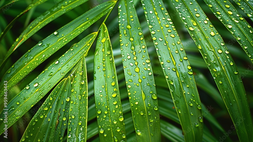 07250736 63. Close-up of exotic green palm leaves with shimmering raindrops, captured in the soft light of a summer day, creating a vivid and refreshing natural wallpaper 07250736 63. Close-up of exotic green palm leaves with shimmering raindrops, captured in the soft light of a summer day, creating a vivid and refreshing natural wallpaper