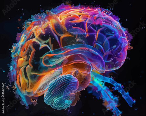 Colorful Abstract Brain Illustration with Light Effects and Bokeh Background