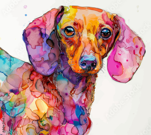 Colorful, abstract dog portrait with vibrant, splattered paint