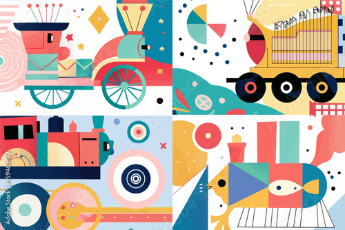 Colorful and whimsical train illustration with various elements and shapes