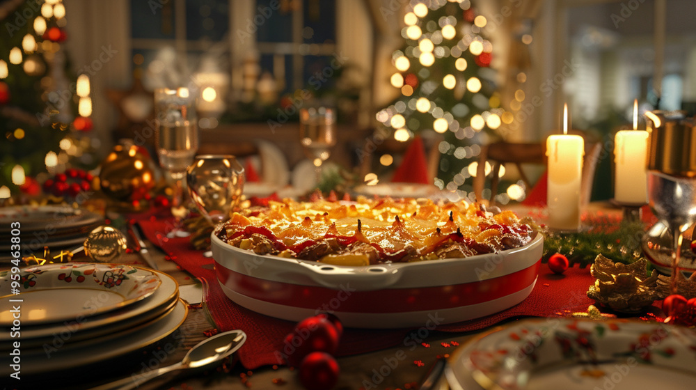 Fototapeta premium Holiday casserole placed on a dining table set for a festive meal, surrounded by holiday-themed tableware and decorations