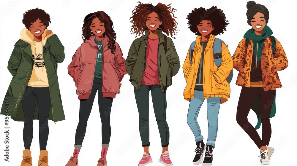 Fototapeta premium Diverse Group of Smiling Black Women in Trendy Winter Outfits