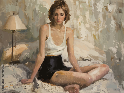 Contemplative Moment: A Woman in a White Tank Top Sits on a Bed