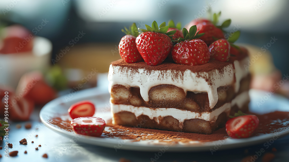 A cake with strawberries on top is displayed on a table. The cake is decorated with strawberries and has a light frosting. The table is set with a fork and knife, and there are several bowls A cake with strawberries on top is displayed on a table. The cake is decorated with strawberries and has a light frosting. The table is set with a fork and knife, and there are several bowls