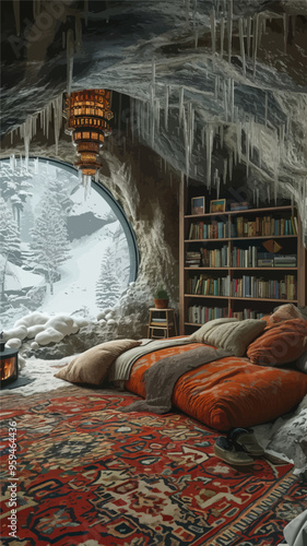 Cozy Reading Nook in a Snowy Mountain Cave