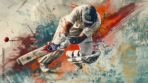 Cricket Player in Action: Batting Stance with Bat and Gloves