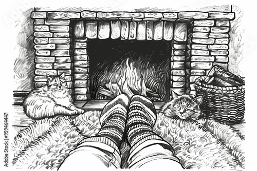 Cozy Fireplace Scene with Cats and Wicker Basket