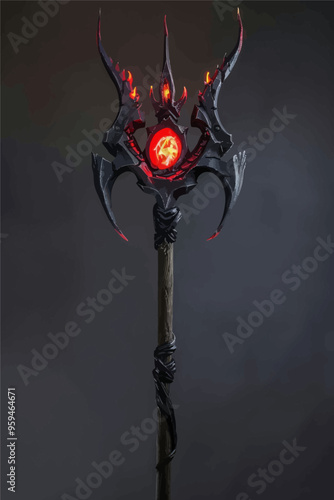 Dark Fantasy Staff with Glowing Eye and Red Light Effects