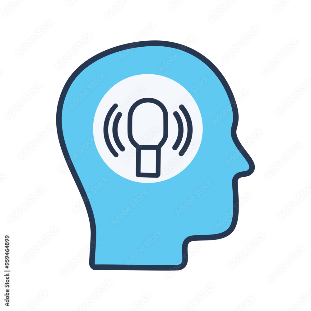 Head with mic icon. Head with a microphone inside, representing voice control, recording, or voice search. Head with mic icon. Head with a microphone inside, representing voice control, recording, or voice search.