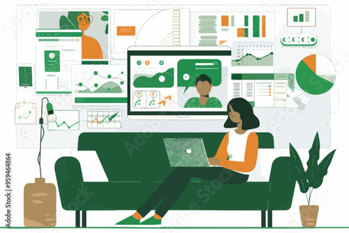 Digital Workspace: A Woman Working on a Laptop in a Modern, Tech-Savvy Living Room