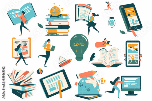 Educational Illustration Set: Students, Books, Laptops, and Tablets photo