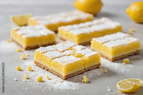 Lemon Bars: Lemon bars placed on a plain white surface, and powdered sugar falling gently on the bars