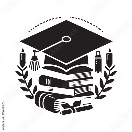 Black and white graduation hat silhouette. Educational concept element